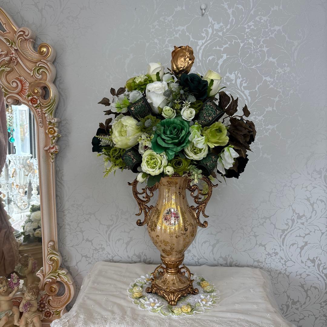 まゆ様特別オーダー商品 濃いグリーンのフラワーアレンジメント・特大サイズ
