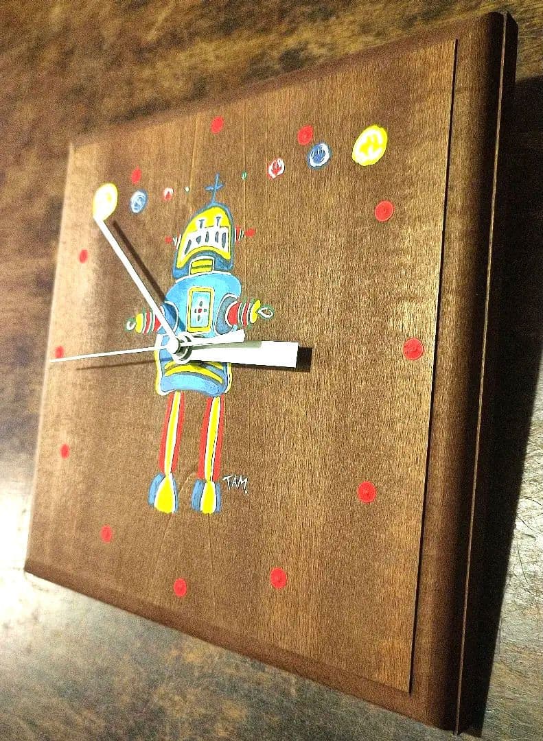 【動作確認済み】子ども部屋にピッタリ✨ロボットの絵の掛け時計(木製)