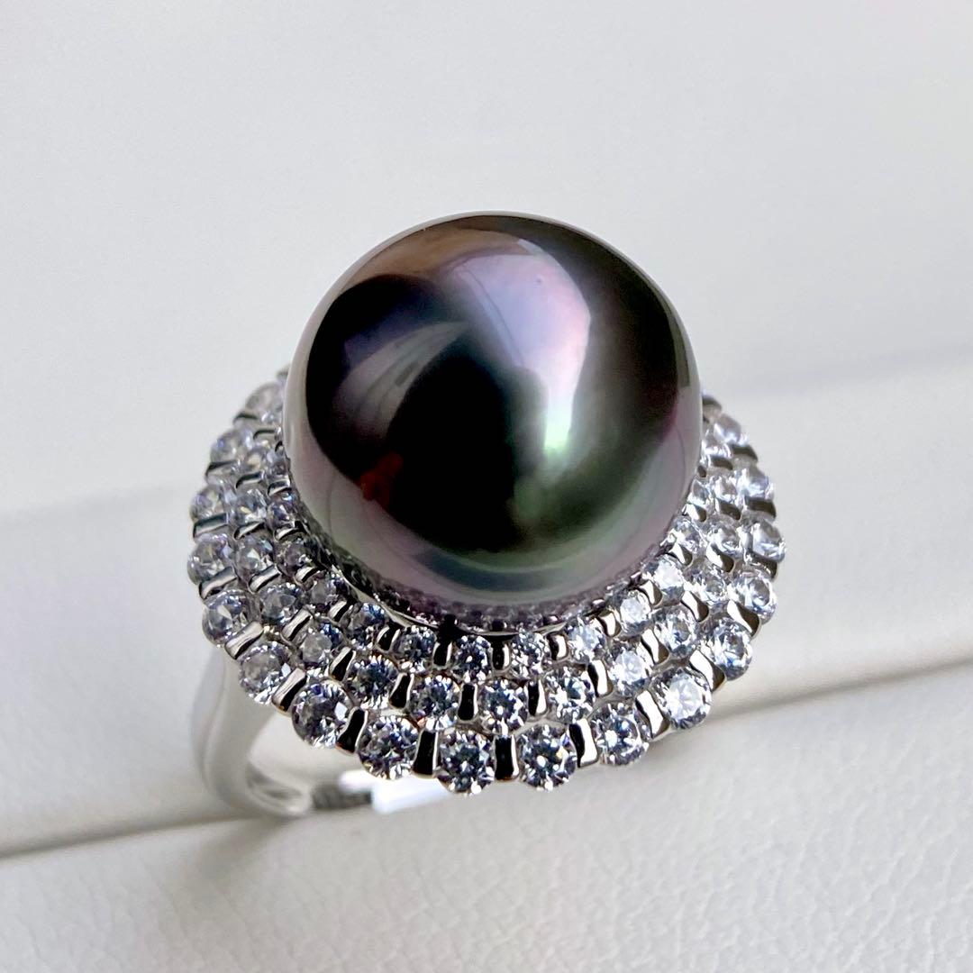 本真珠南洋黒蝶真珠　黒紫12.1㍉大玉s925リングY1042