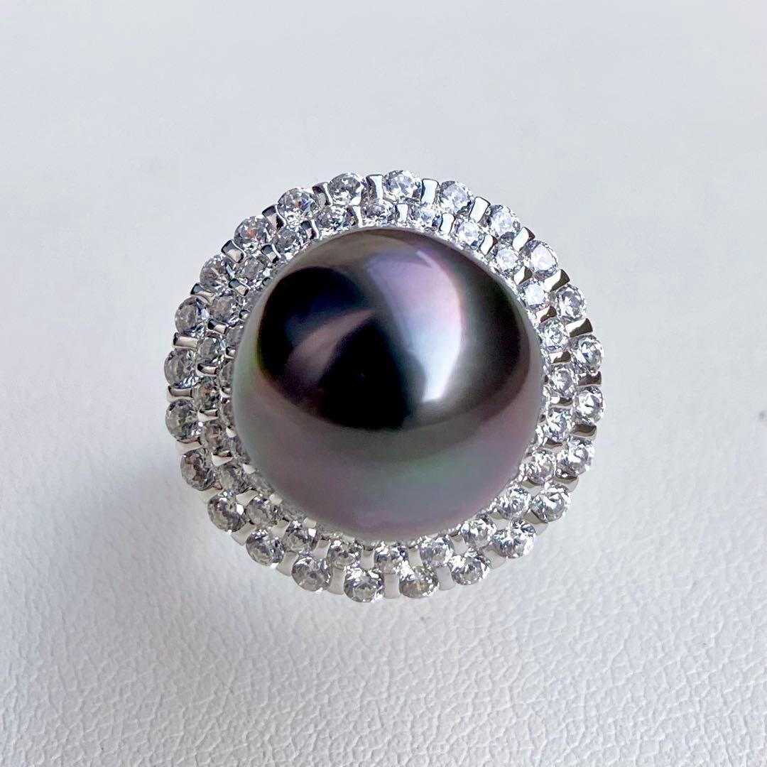 本真珠南洋黒蝶真珠　黒紫12.1㍉大玉s925リングY1042