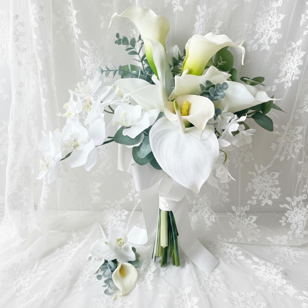 アーティフィシャルフラワー 結婚式 ブーケ ホワイト アンスリウム 蘭 セット