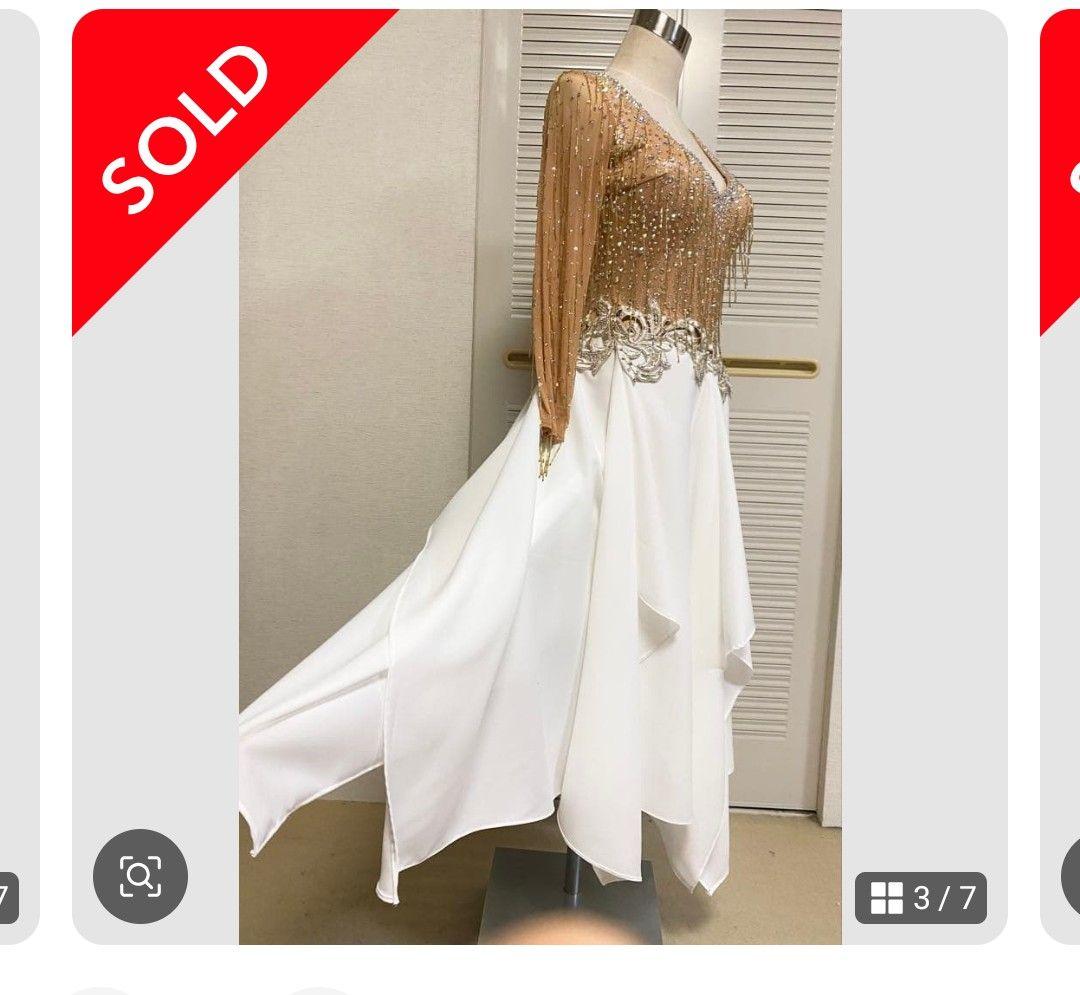 社交ダンスドレス 白と金 フリンジ付き
