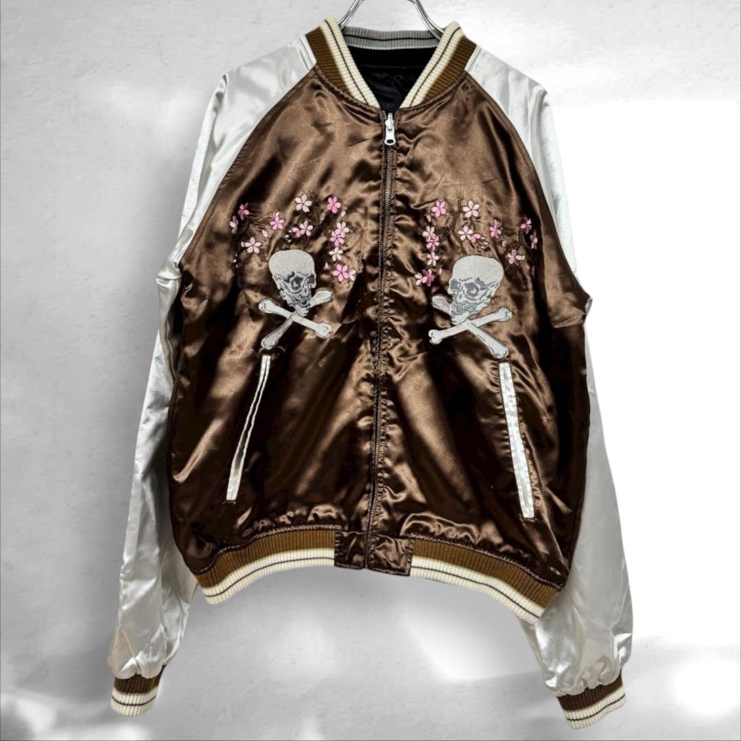 希少スカジャン リバーシブルジャンパー日本地図 鷹刺繍　ドクロ桜　M（a1