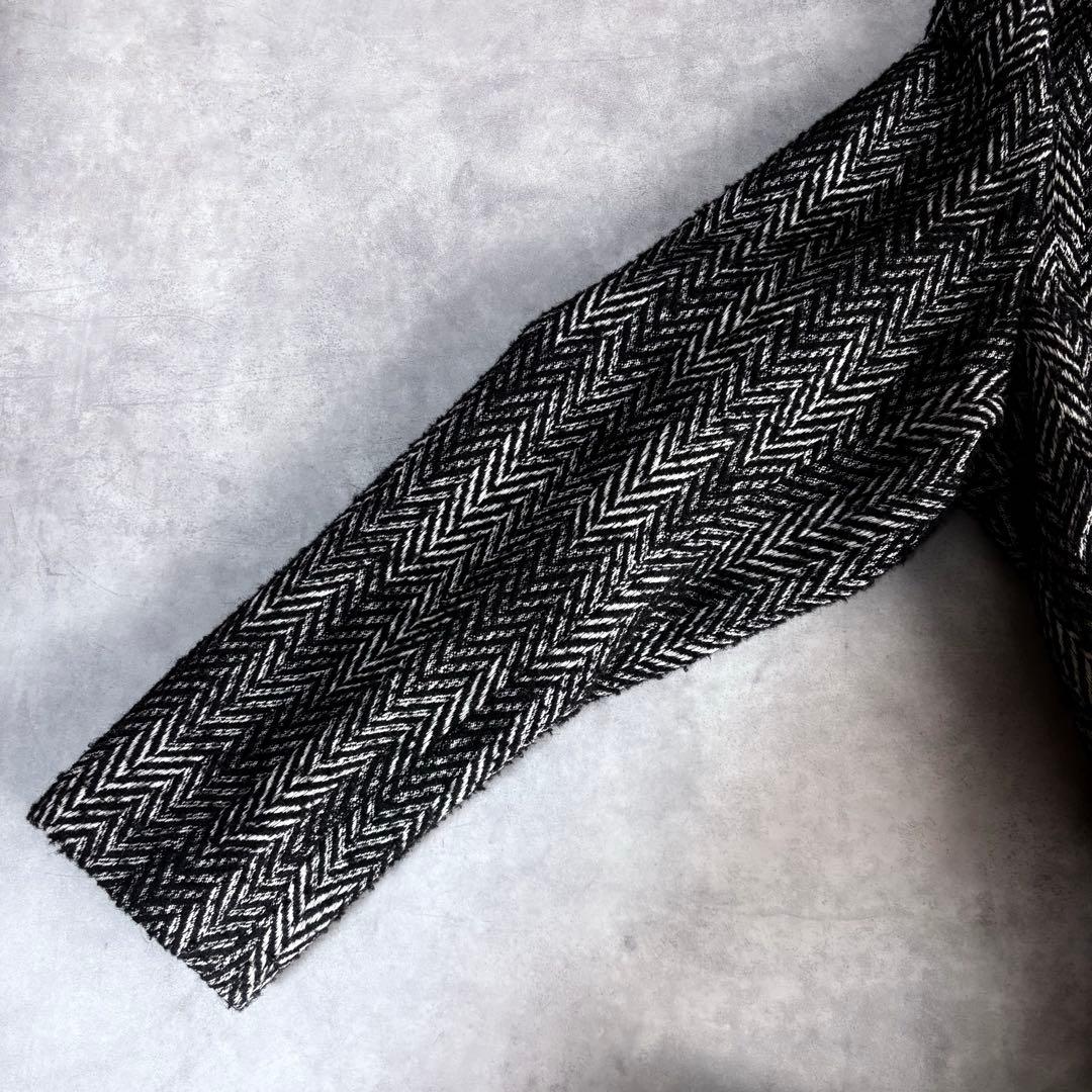 DIESEL ヘリンボーン ロングコート フリンジ加工 48 黒白