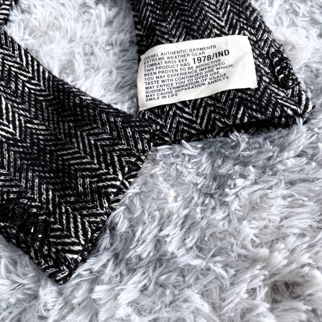 DIESEL ヘリンボーン ロングコート フリンジ加工 48 黒白