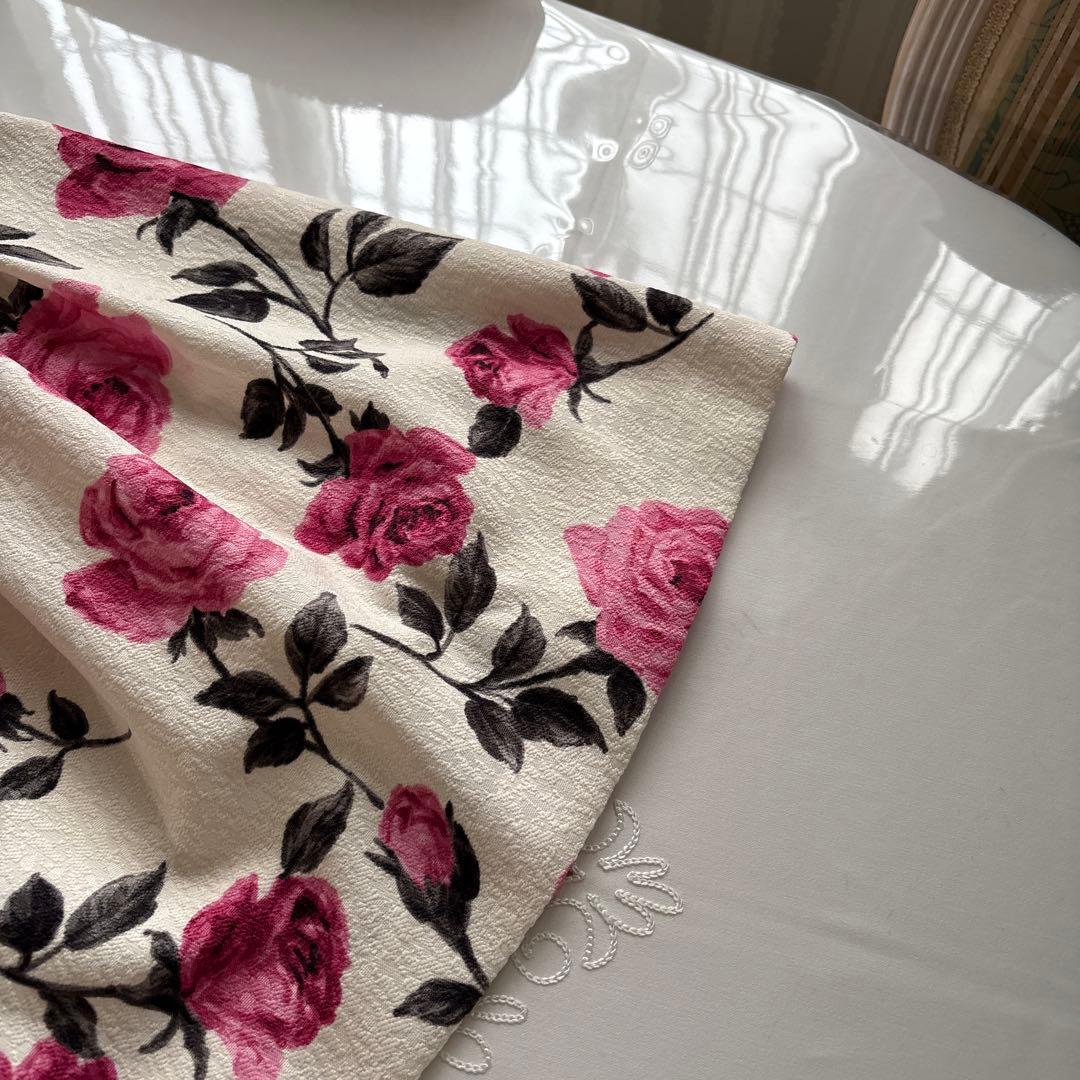 エムズグレイシー　袖ニットドッキングワンピース　ローズ柄ピンク系　38