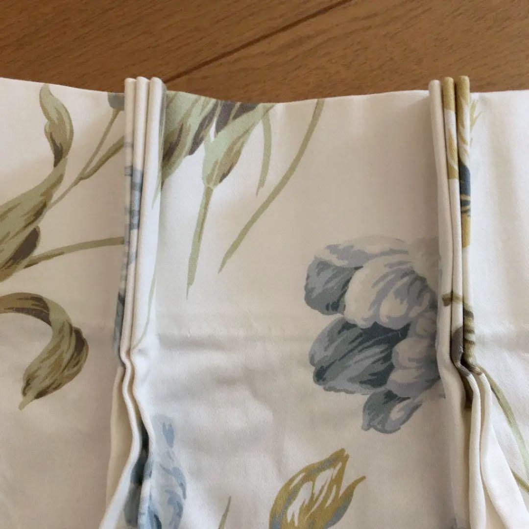 ①　大塚家具オーダーカーテン　ホワイト　ブルー　花柄　100 ×205　2枚