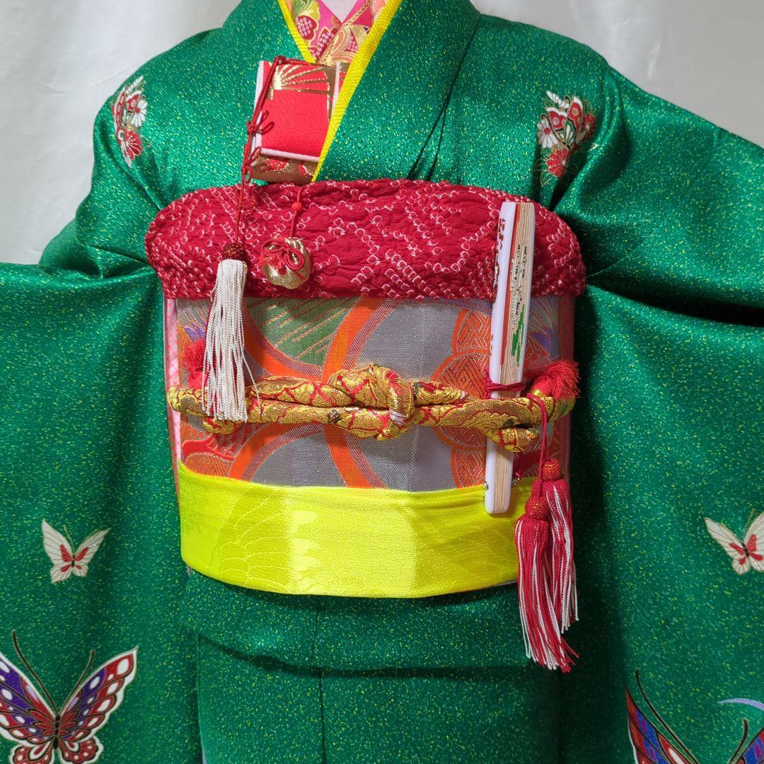 七五三７歳用 緑色着物 金通し　勝山かんざしセット付き