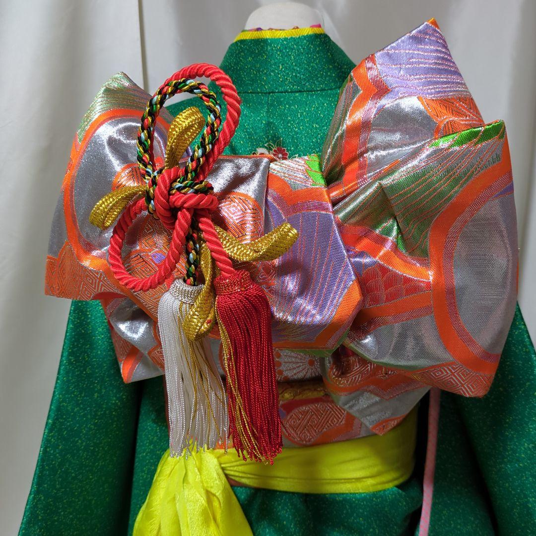 七五三７歳用 緑色着物 金通し　勝山かんざしセット付き