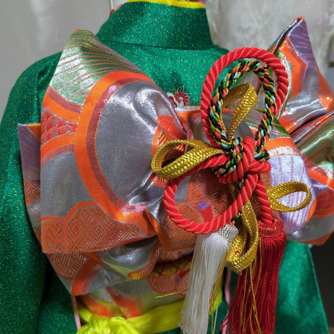 七五三７歳用 緑色着物 金通し　勝山かんざしセット付き