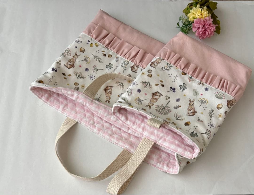 うさぎ柄フリル 入学入園セット お着替え袋 レッスンバック 上履き入れ