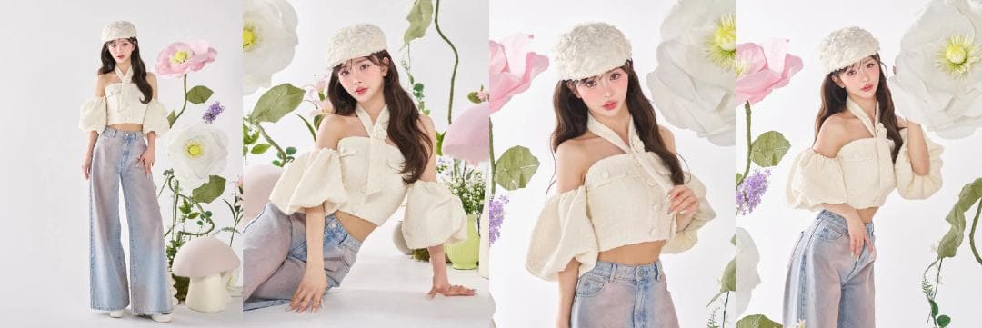 ダーリッチ darich ホルターネックオフショルツイードトップス ホワイト