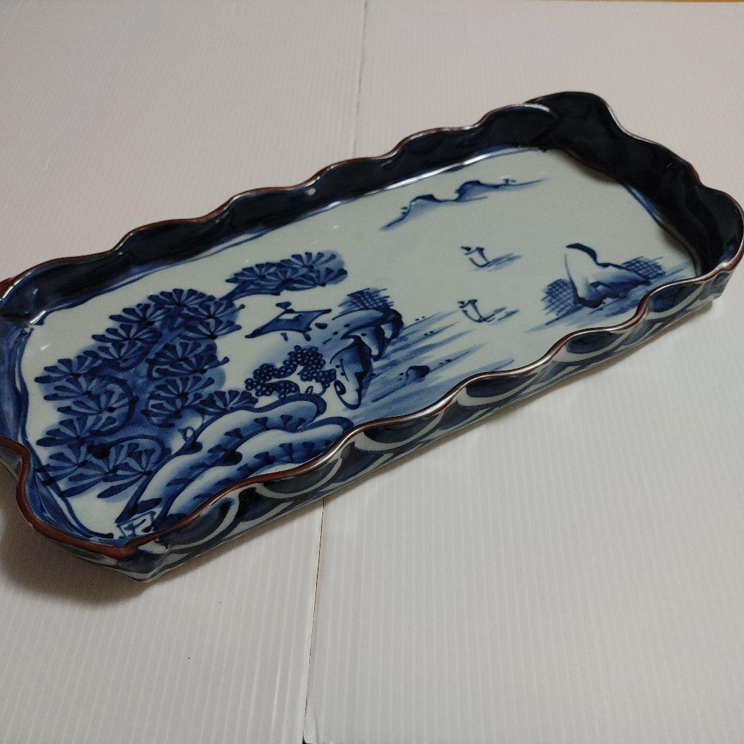 有田焼　福丈窯　山水　手描き　手捻り　長方形皿