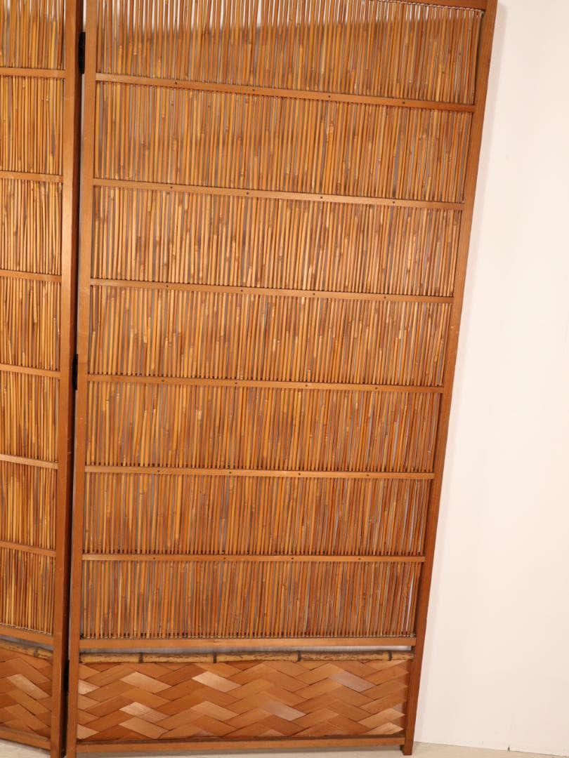 BK243　時代家具　網代　衝立　二枚折　簀戸　パーテーション　短冊掛け