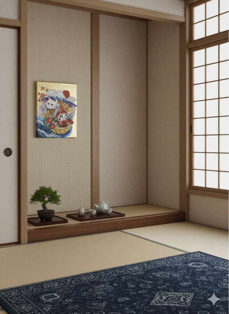 【原画・一点物】招き猫 達磨 富士山 金箔 アクリル画 開運・縁起物・和風