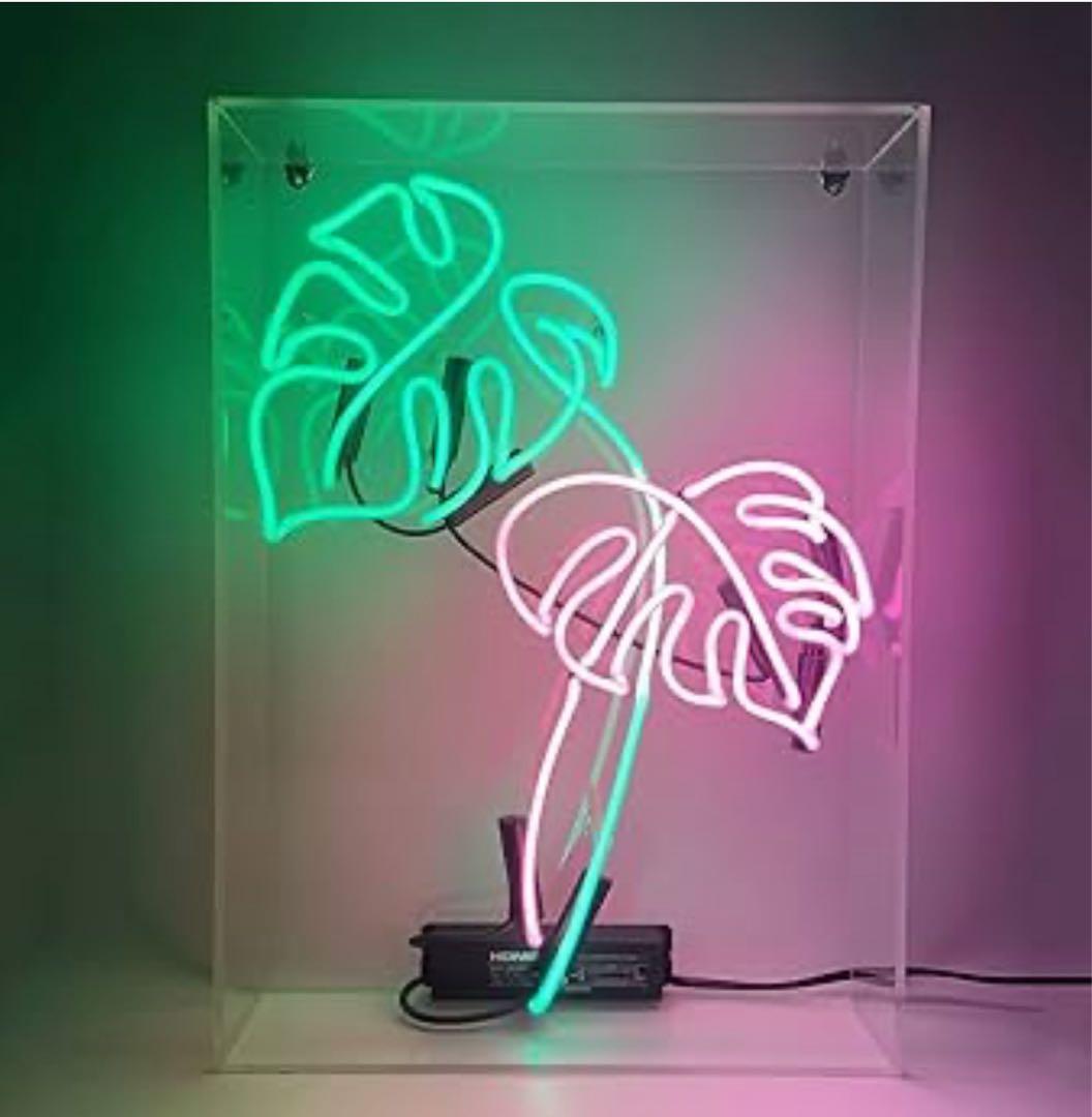 オリジナル　ネオンサイン モンステラ 葉っぱデザイン 緑白ピンク ボックス型