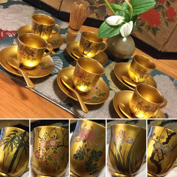 ❣特別出品 極上木製漆 絵替季節の花蒔絵 デミタス6客セット スプーン付