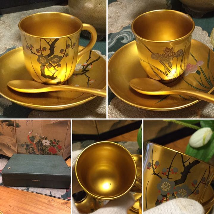 ❣特別出品 極上木製漆 絵替季節の花蒔絵 デミタス6客セット スプーン付