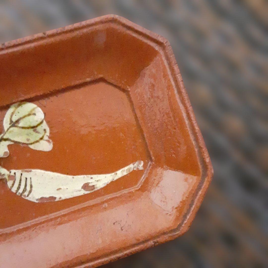 江戸骨董隅切長方豆皿有名「霞晴山」銘京楽焼/手描大根変形皿モース·ボストン美術館