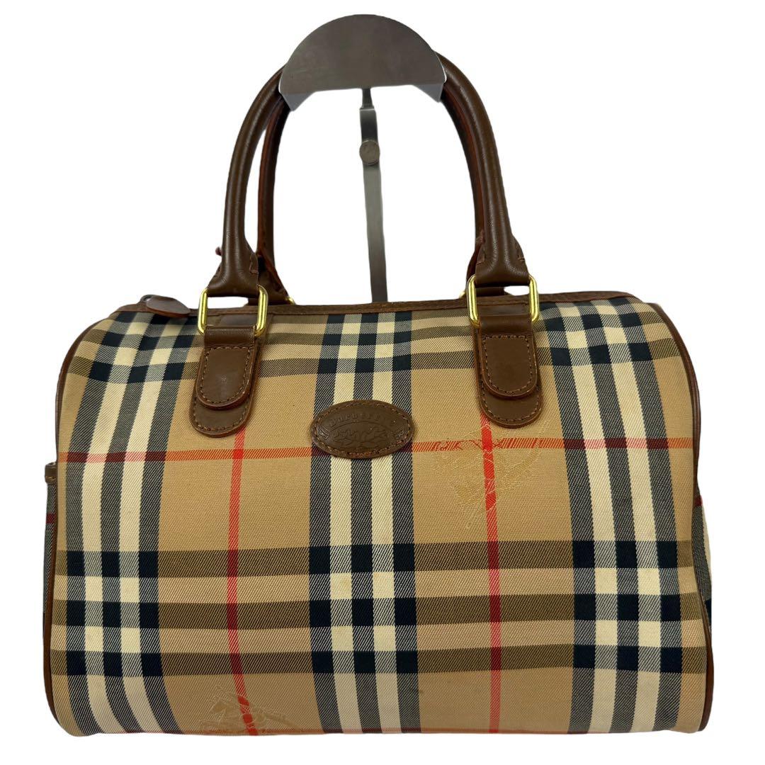 【美品】バーバリー 月桂樹 ミニボストンバッグ キャンバス ノバチェック ホース