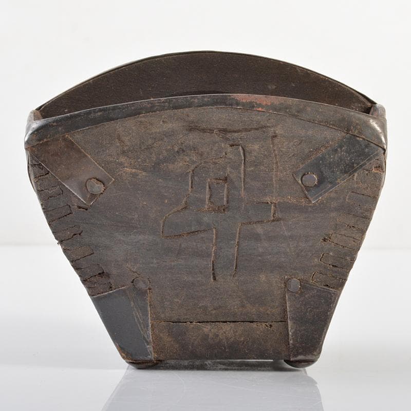 李朝　古民具　唐木製　漢詩刻　鉄金具　持ち手付　小物入　M　R6232