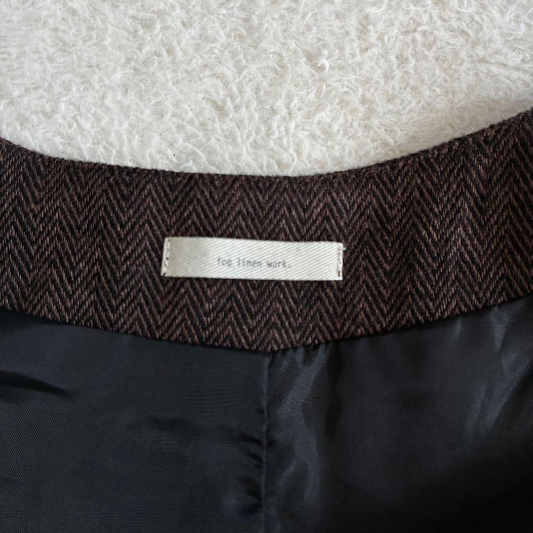 美品 フォグリネンワーク FLW リネンウールヘリンボーンノーカラーコート 茶