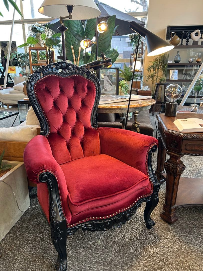 【美品】クラシックロココ調　猫脚チェア　赤ベルベット　1人掛けソファ