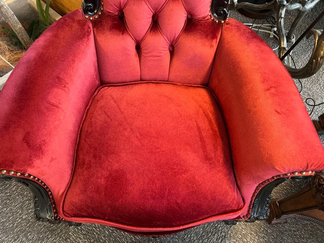 【美品】クラシックロココ調　猫脚チェア　赤ベルベット　1人掛けソファ