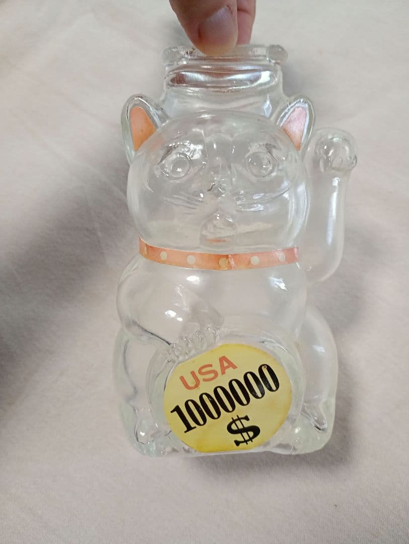アメリカドルのまねき猫クリアガラス 猫の置物 珍品貯金箱