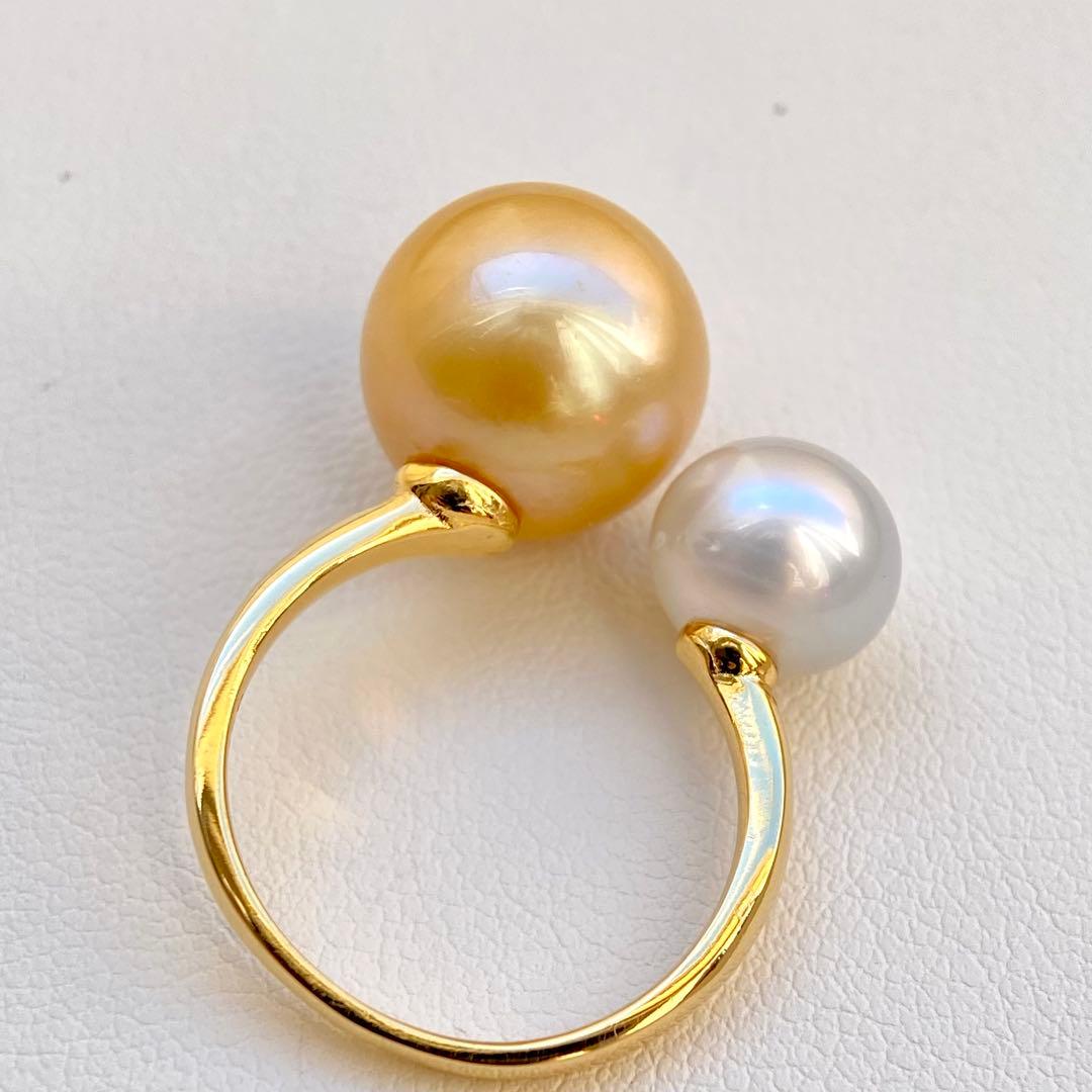 本真珠南洋白蝶真珠ゴールドとホワイト　s925ダブルリングY1057
