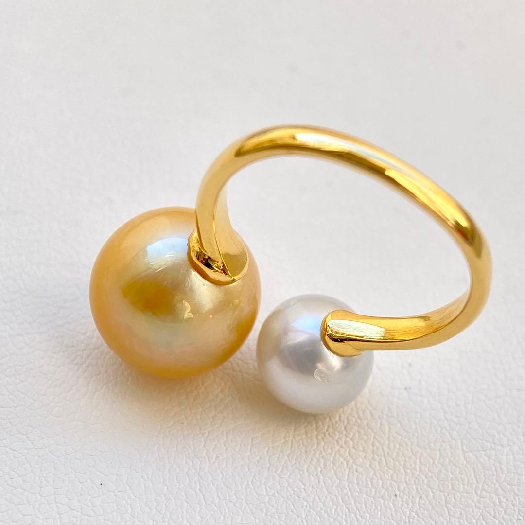 本真珠南洋白蝶真珠ゴールドとホワイト　s925ダブルリングY1057