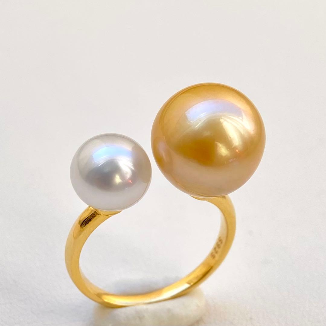 本真珠南洋白蝶真珠ゴールドとホワイト　s925ダブルリングY1057