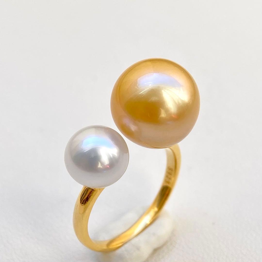 本真珠南洋白蝶真珠ゴールドとホワイト　s925ダブルリングY1057