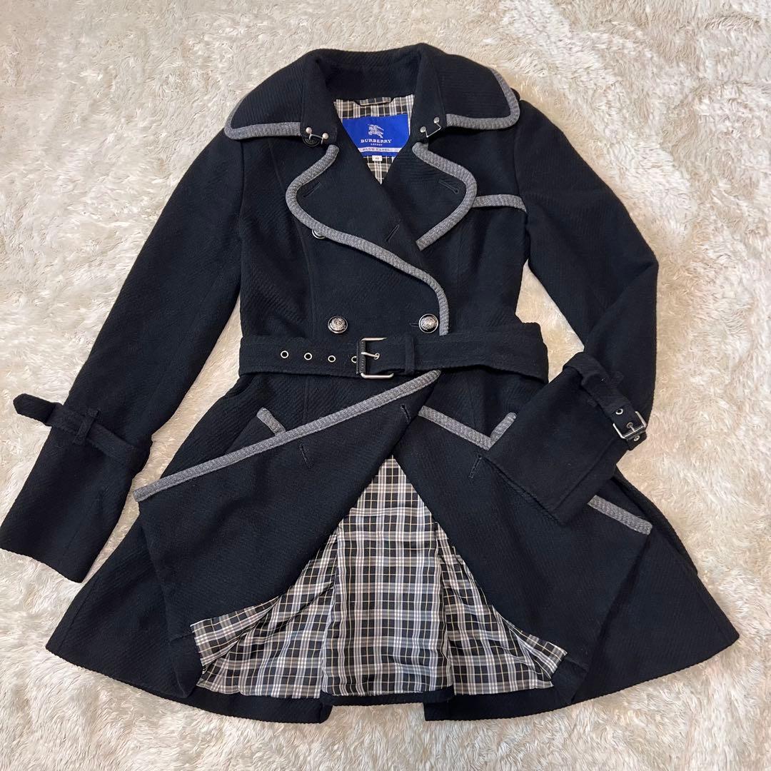 バーバリーブルーレーベル アンゴラ トレンチコート ダブル 銀ボタン ブラック