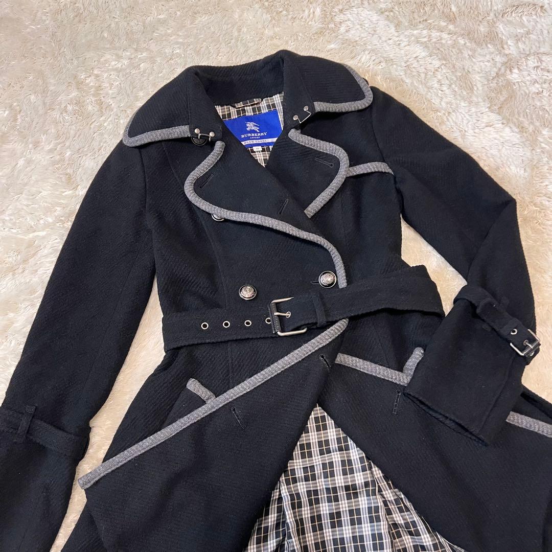 バーバリーブルーレーベル アンゴラ トレンチコート ダブル 銀ボタン ブラック