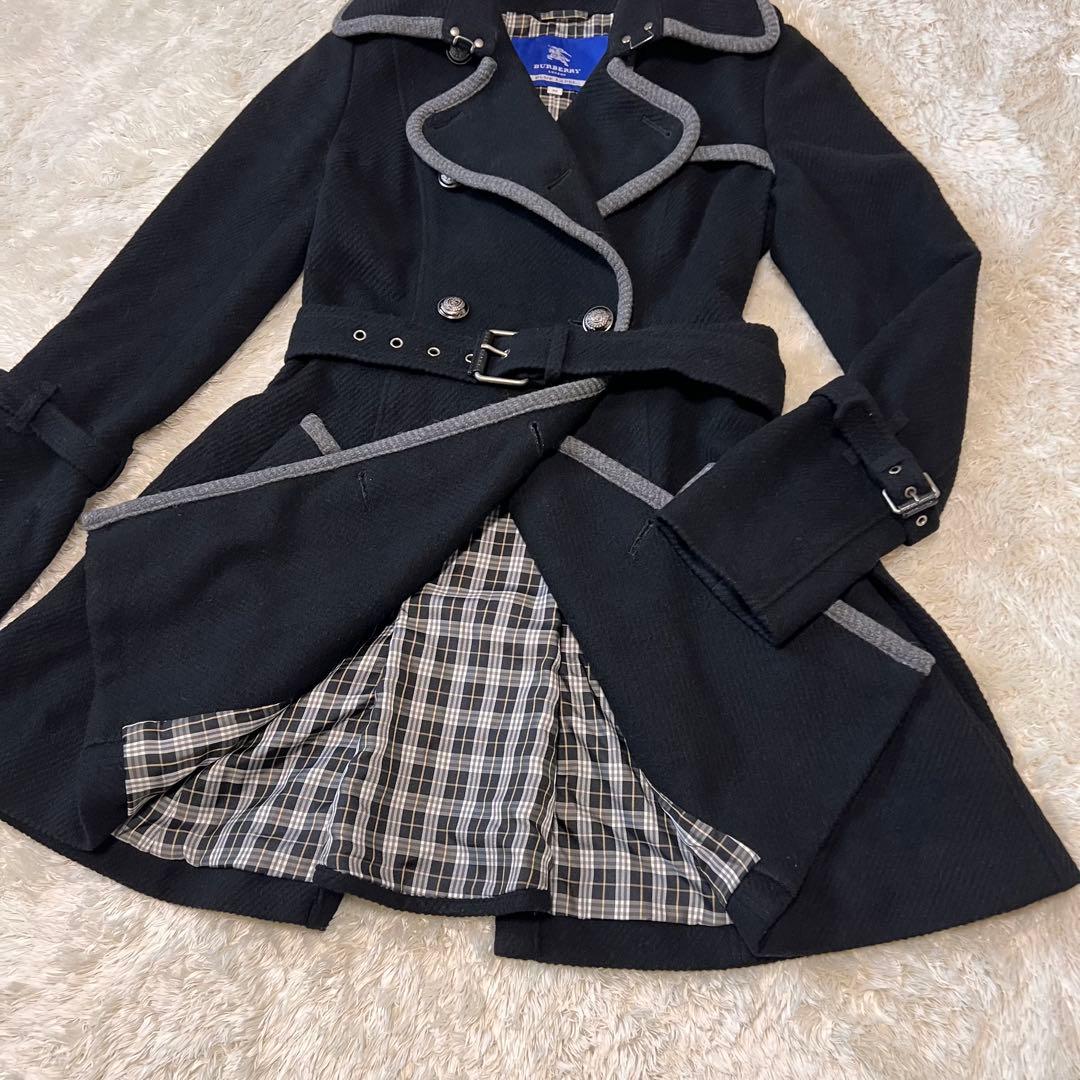 バーバリーブルーレーベル アンゴラ トレンチコート ダブル 銀ボタン ブラック