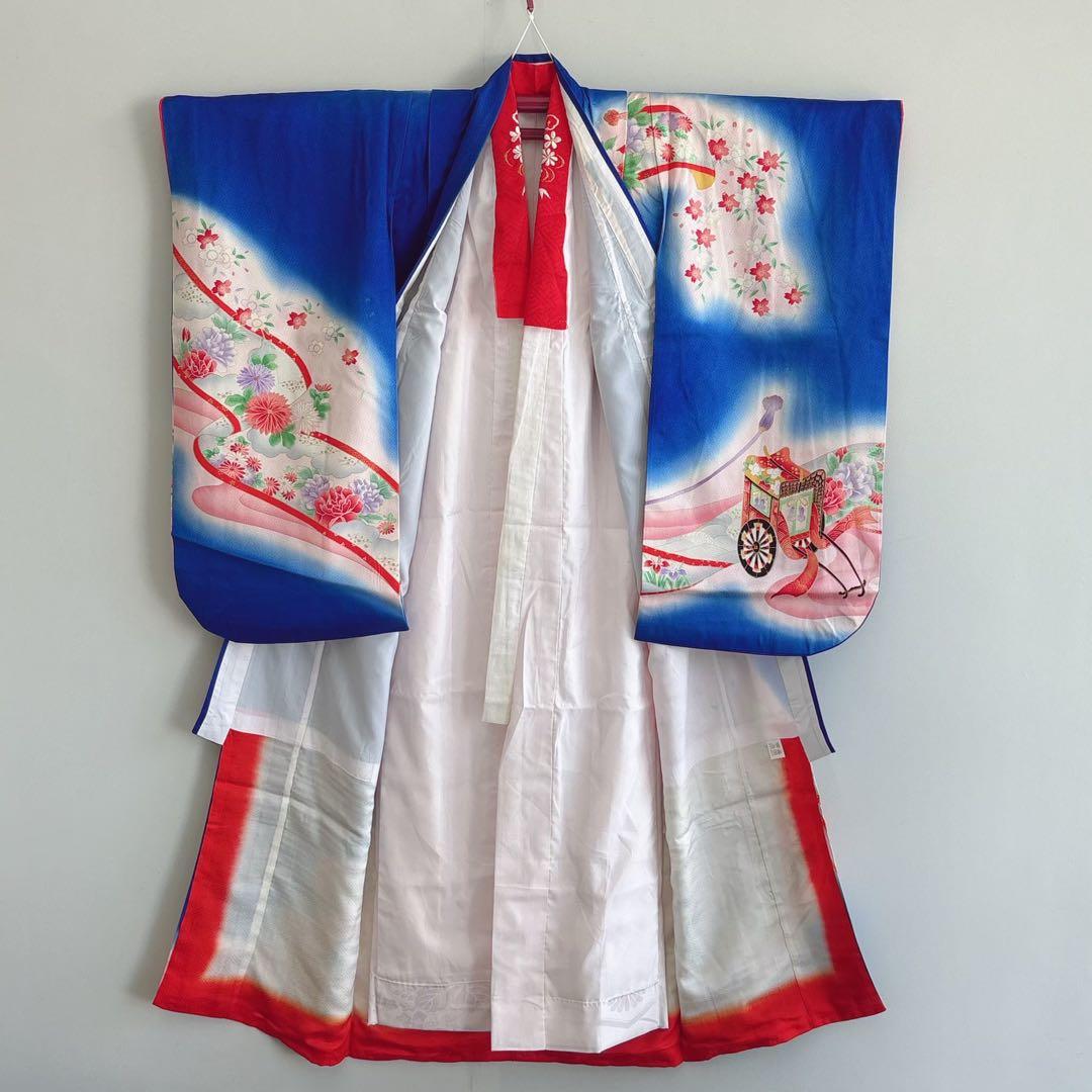 セット　七五三７歳女の子　青地花御所車　黒地袋帯　青海波金　袖なし長襦袢7103