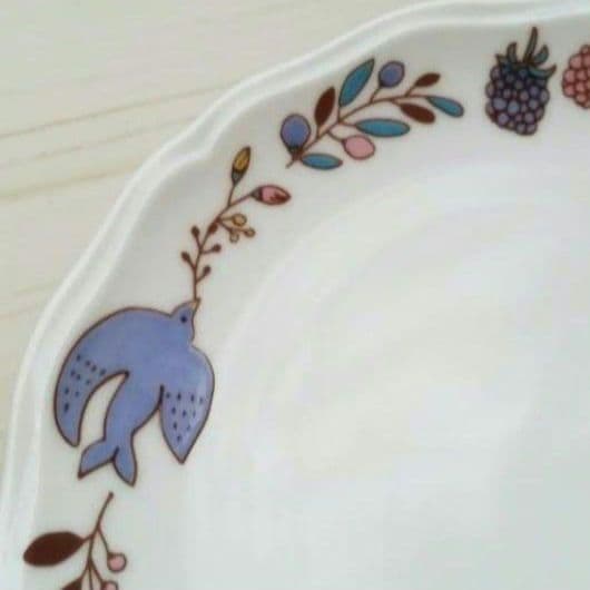 新品　九谷焼　ハレクタニ　19.2cmプレート木の実と鳥  ブルー