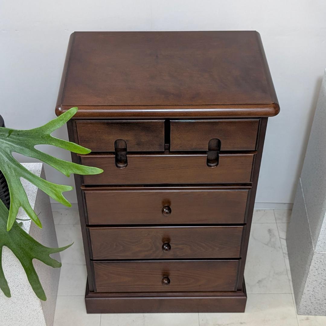 ウッド チェスト 木製 引き出し 5段 無垢材 国産 ビンテージ ブラウン