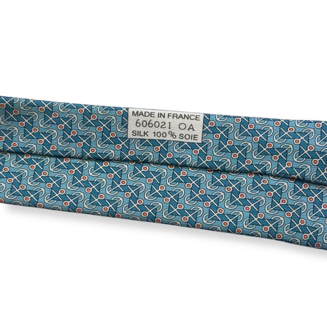 美品✨HERMES ネクタイ　エルメス　碇　マリン　春夏　ブルー　水色　海