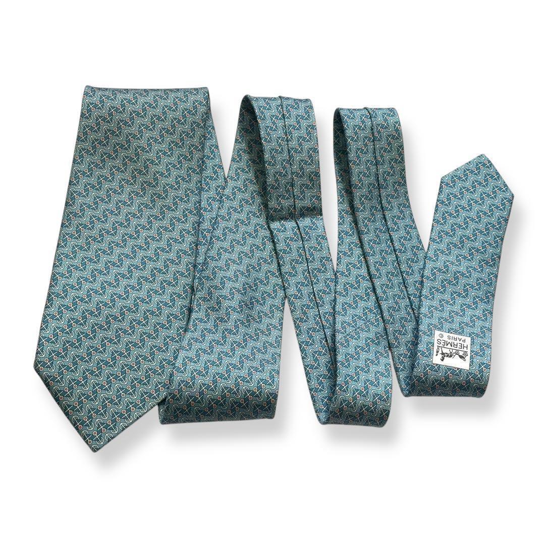 美品✨HERMES ネクタイ　エルメス　碇　マリン　春夏　ブルー　水色　海