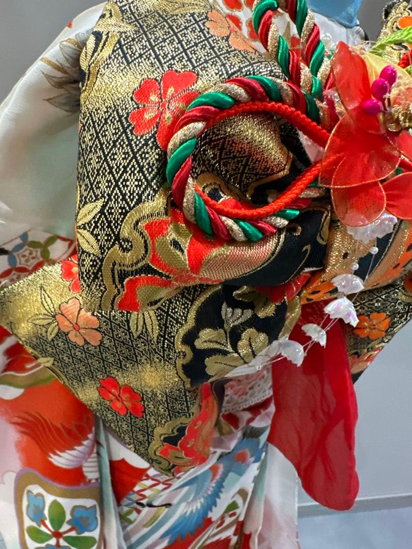 正絹　七五三 赤と白の鶴模様 着物　レトロ　フルセット