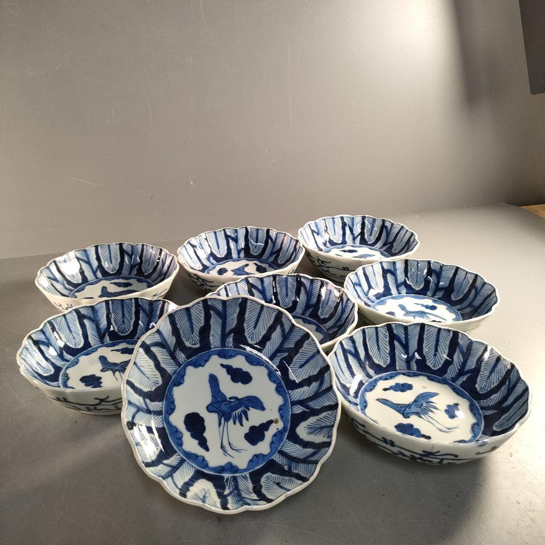 A1349-4/古伊万里染付雲鶴文輪花皿8客/銘々皿/飾鉢/盛鉢/懐石道具/