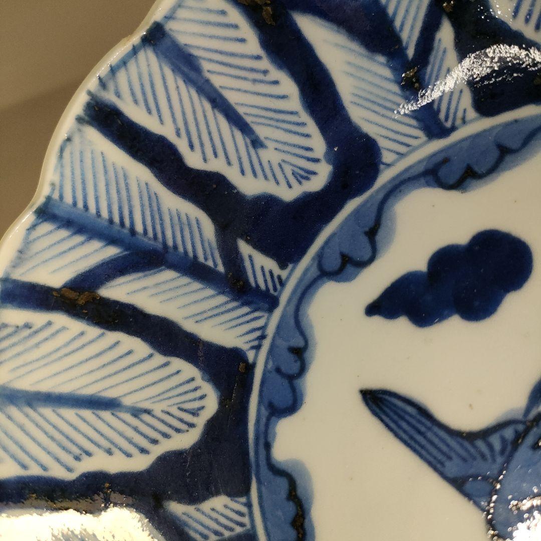 A1349-4/古伊万里染付雲鶴文輪花皿8客/銘々皿/飾鉢/盛鉢/懐石道具/