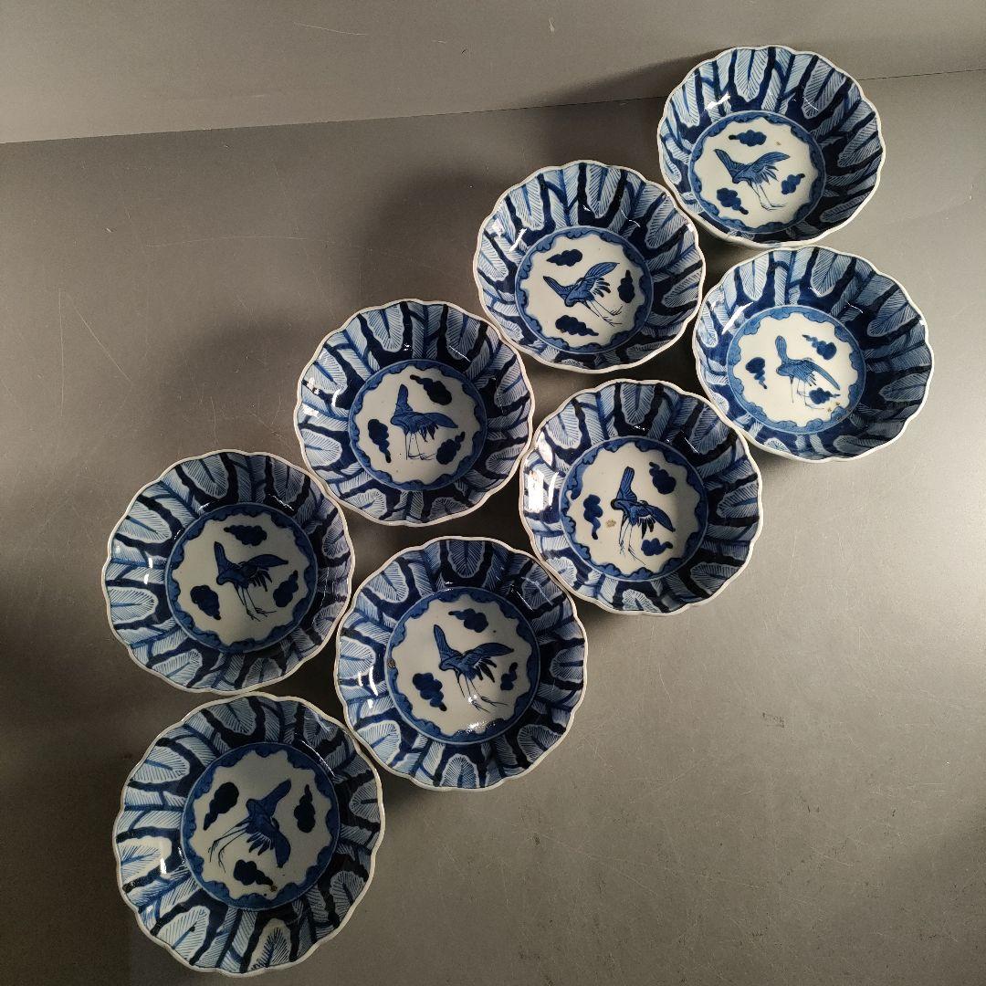 A1349-4/古伊万里染付雲鶴文輪花皿8客/銘々皿/飾鉢/盛鉢/懐石道具/