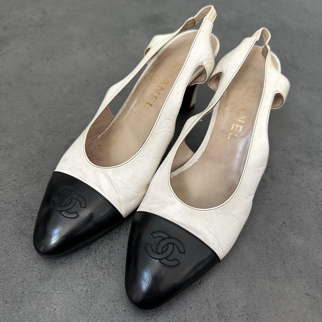 CHANEL ココマーク　バイカラー　スリングバック　パンプス　白　黒