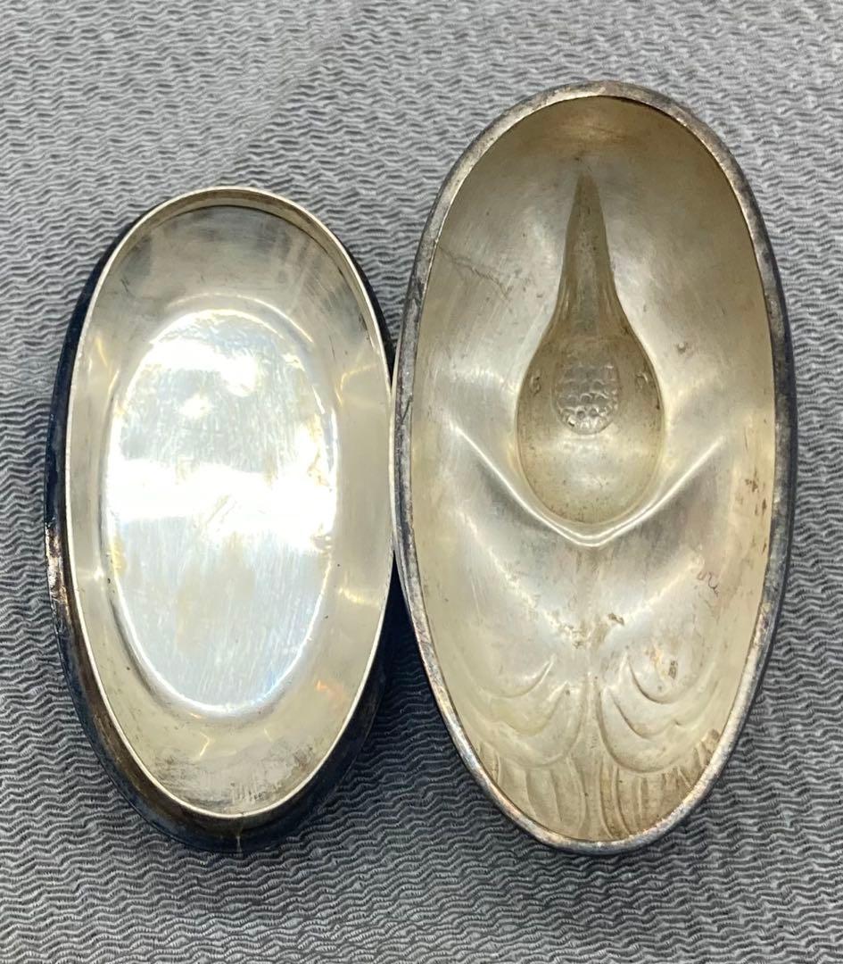 B491s 岡野利光造 鶴亀香合　純銀製　京都　共箱　茶道具　香道具　金工師