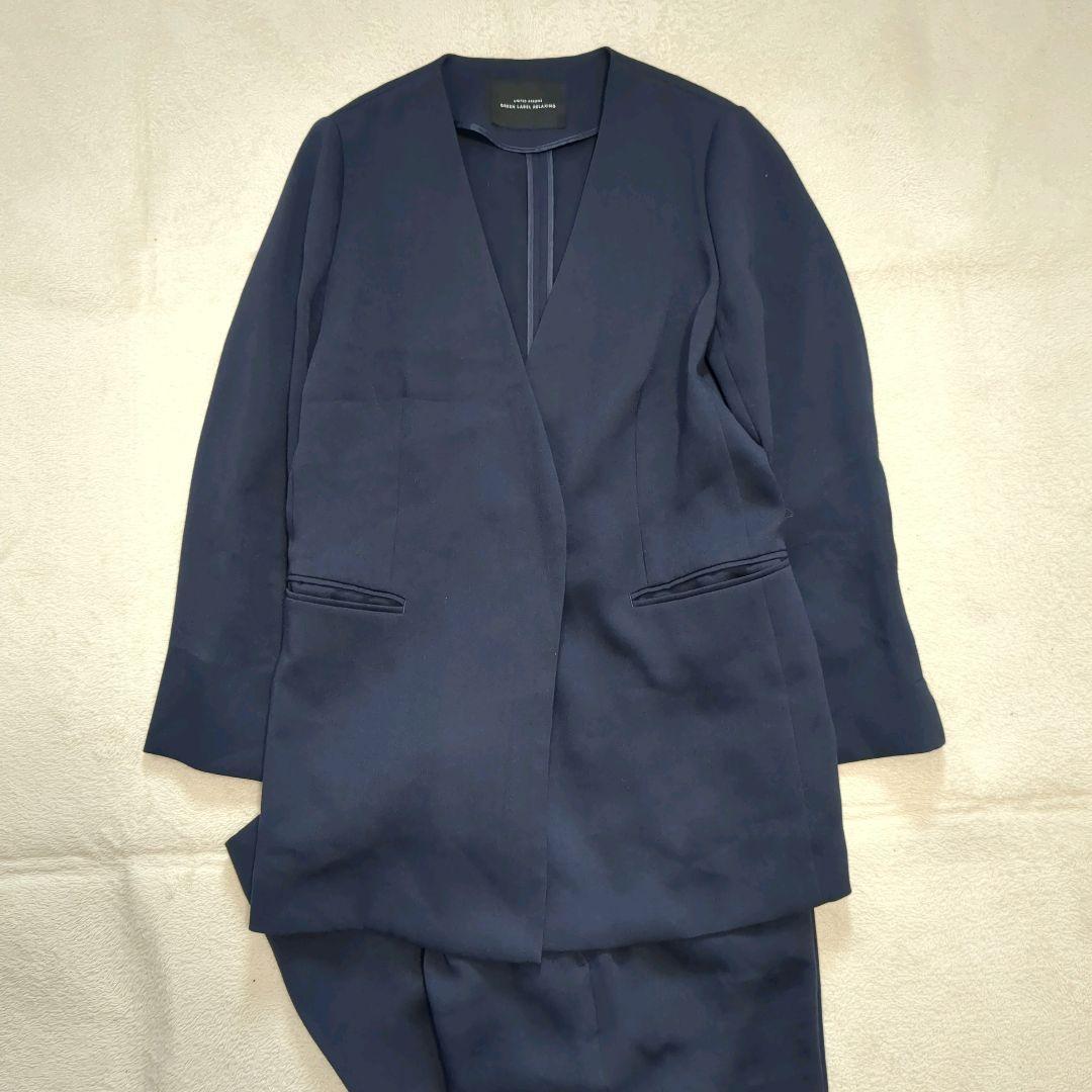 グリーンレーベルリラクシング ノーカラー パンツスーツ セットアップ ネイビー