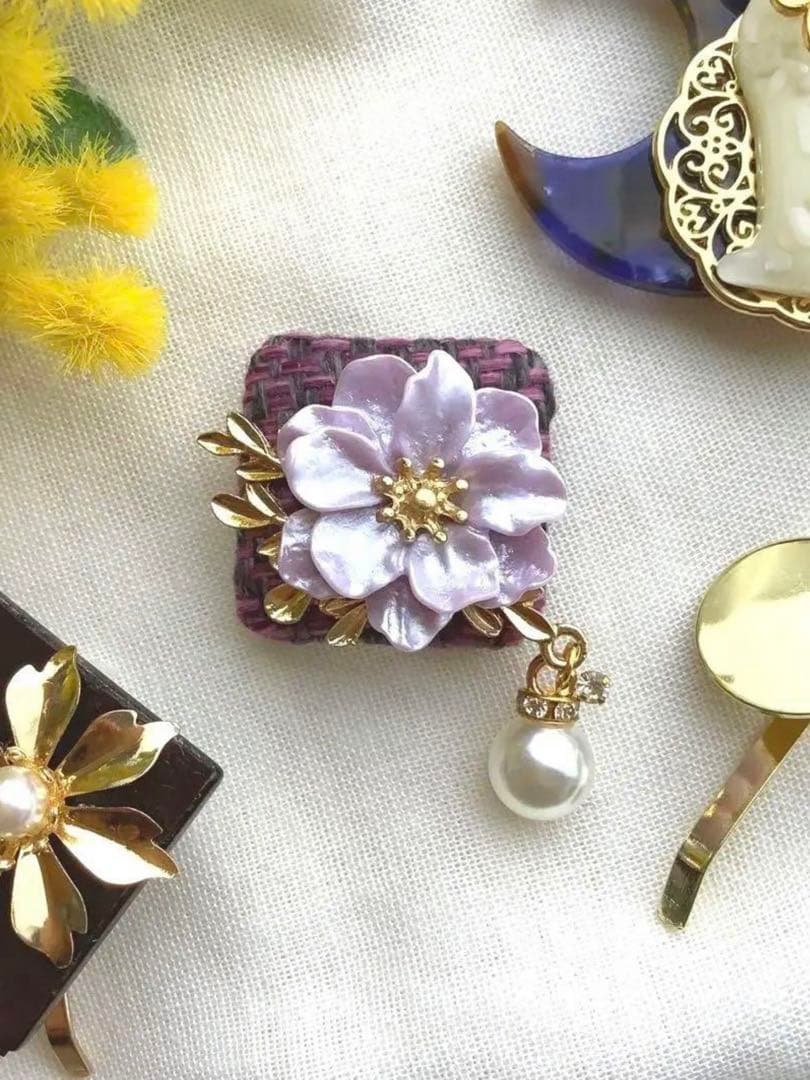 再販♡ 人気✧‧˚ツイード✖️フラワー(すみれ色)  ハンドメイドポニーフック