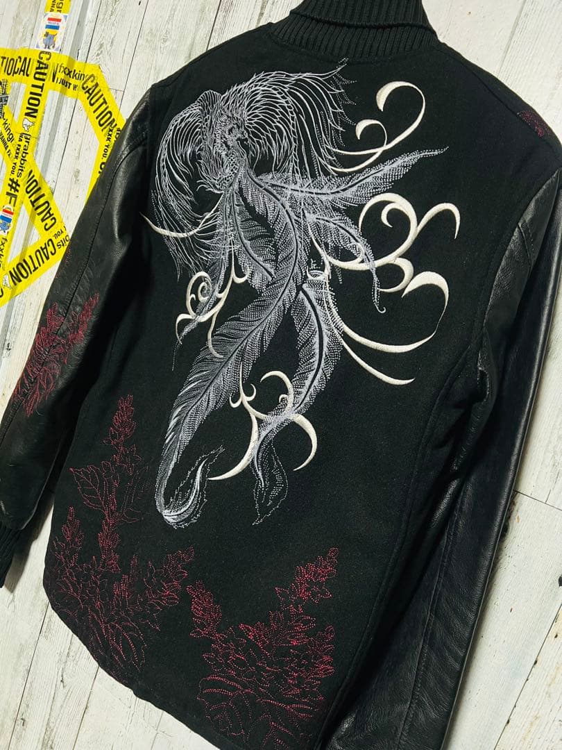 極限定 錦 スカジャン 切り替え 本革レザー 伝説銀鳳凰 銀 刺繍 絡繰魂 黒